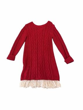 Heirlooms Red Cable-Knit Sweater Dress with Lace Hem - 4T
